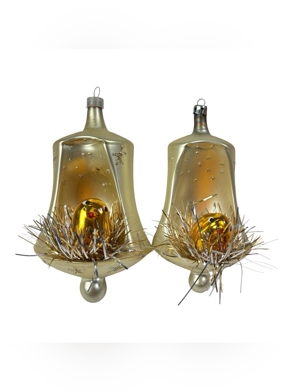 2 Vtg 5" Blown Mercury Glass Bell w/ Nesting Bird Diorama Christmas Ornament
